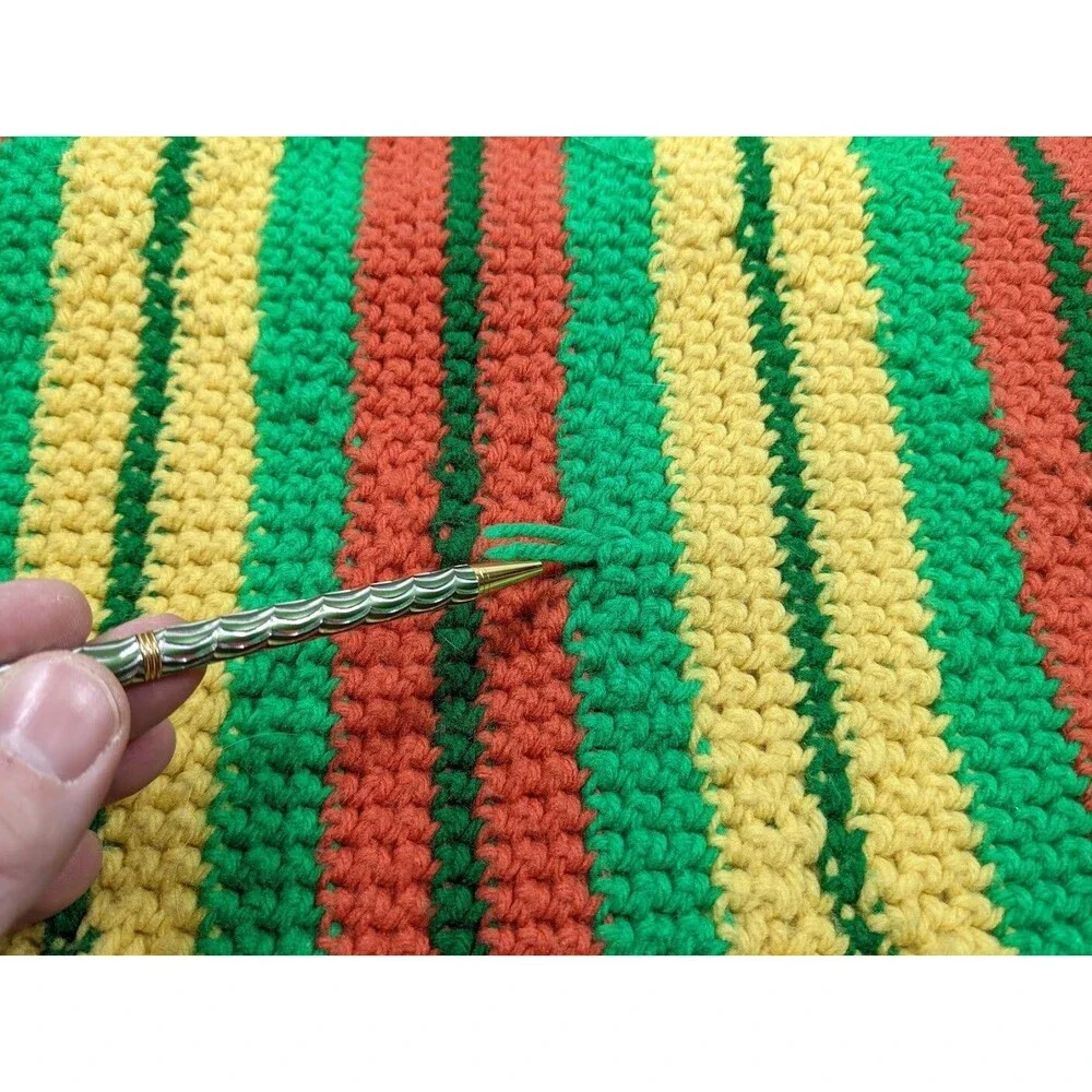 Handmade‎ Crochet Throw Blanket Afghan – Orange Yellow Green Striped w/ Fringe